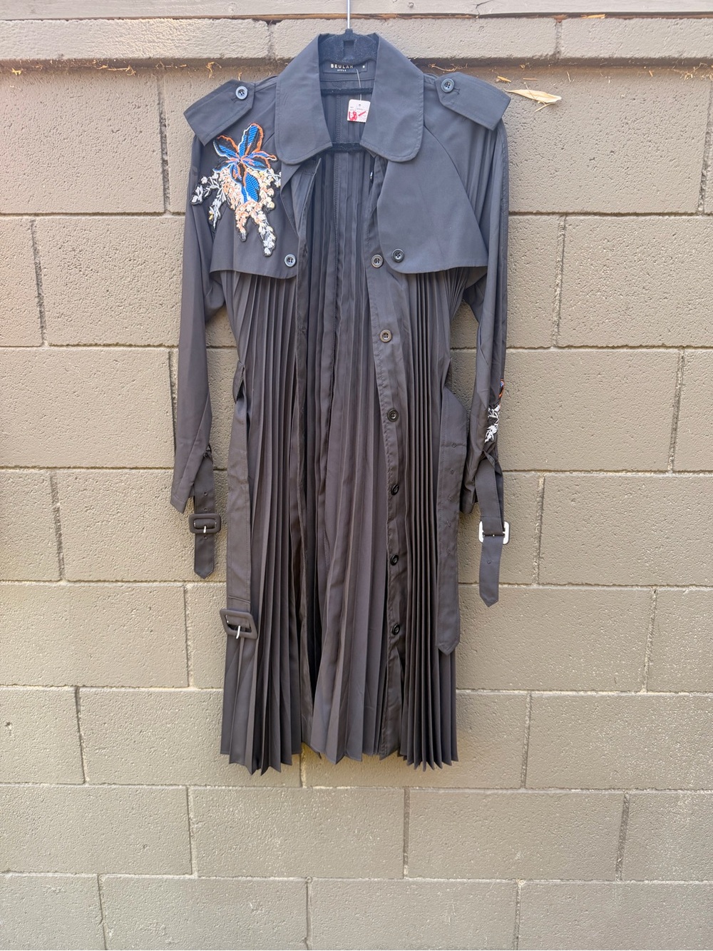 Embroidered Pleated Trench in Black